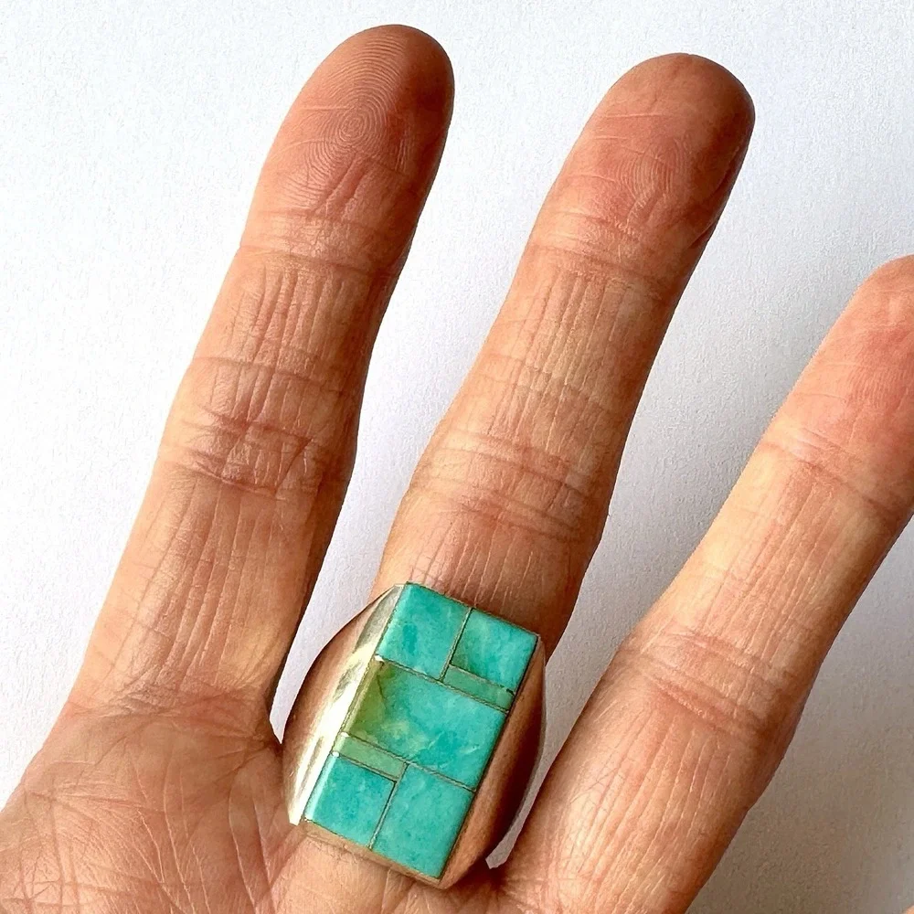 Navajo Turquoise Mens Ring Sz 13 Signed WG Sterling Inlay Rect‎ Native American